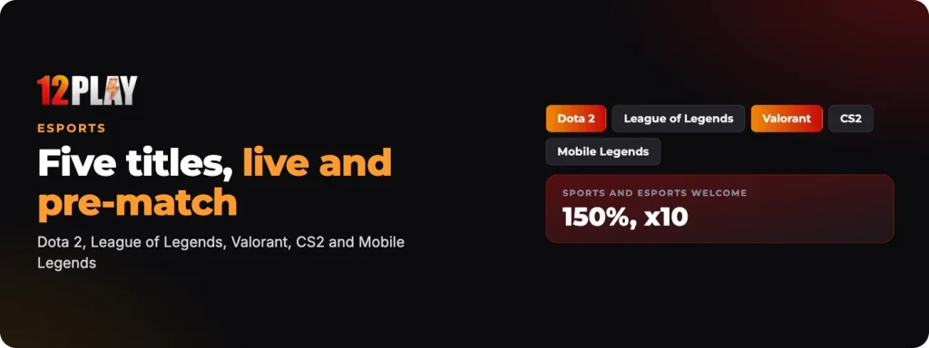 12Play esports betting: Dota 2, League of Legends, Valorant, CS2 and Mobile Legends, live and pre-match