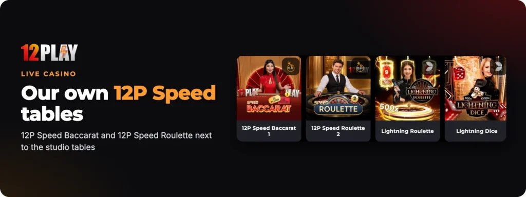 12Play live casino: 12P Speed Baccarat and 12P Speed Roulette next to the studio tables