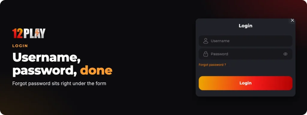 12Play login form: username and password, with Forgot password under the form